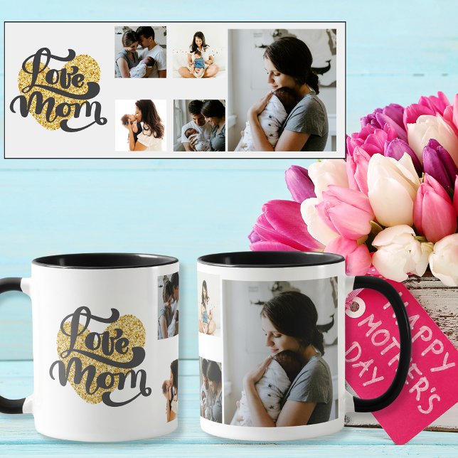 Love Mum gold heart with 5 Custom Photos Mug (Love Mom gold heart with 5 Custom Photos Mug)