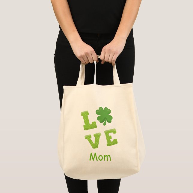 Love Mum Green Block Letters St Patricks Holiday Tote Bag (Front (Product))