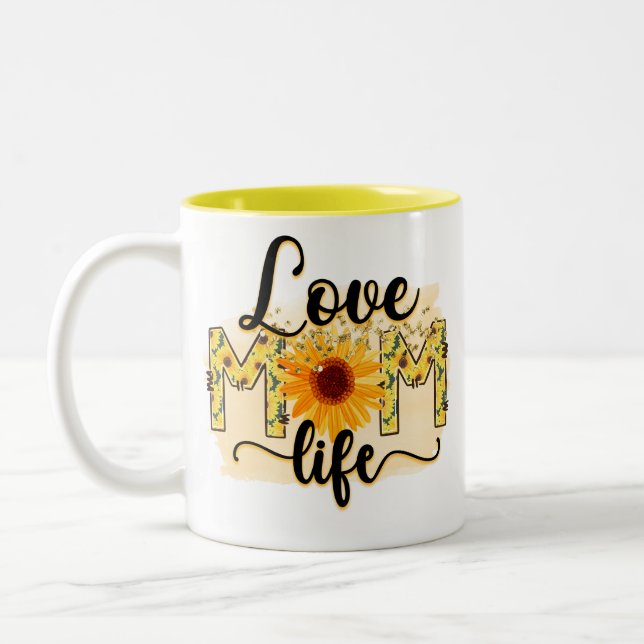 Love Mum Life Sunflower Modern Two-Tone Coffee Mug (Left)