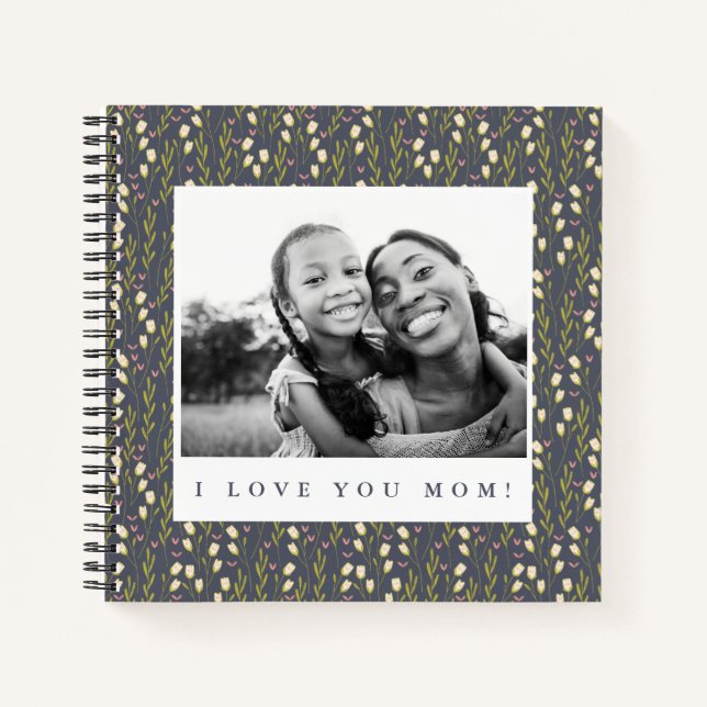Love Mum Navy Floral Script Photo Writing Notebook (Front)