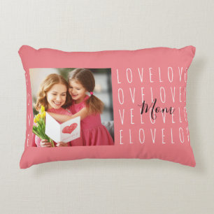 Love Mum Quote Coral Pink Family Photo Decorative Cushion