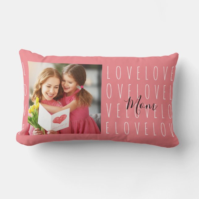 Love Mum Quote Coral Pink Family Photo Lumbar Cushion (Front)