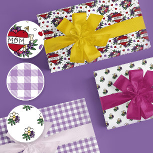 Love Mum Tattoo Style Heart Pattern Mother's Day Wrapping Paper Sheet