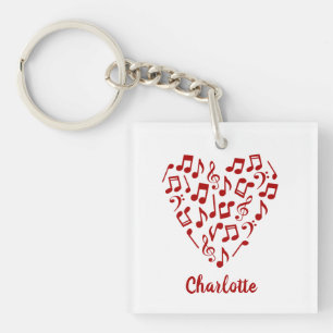 Love Music Heart of Red Music Notes with Name Key Ring
