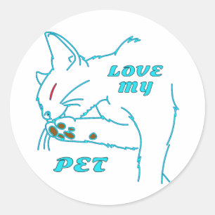 LOVE MY CUTE AQUA PET CAT CLASSIC ROUND STICKER