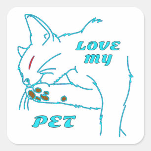 LOVE MY CUTE AQUA PET CAT SQUARE STICKER