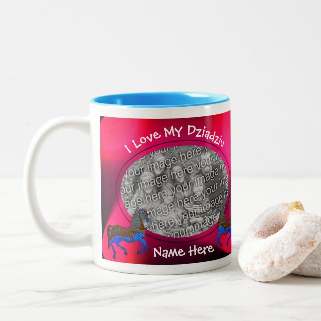 Love My Dziadziu Carousel Horse Polish Grandfather Two-Tone Coffee Mug (With Donut)