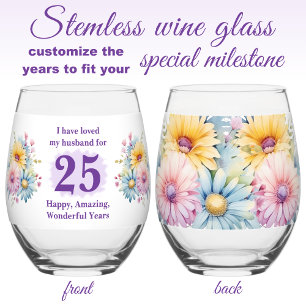 Love my husband 25th anniversary flowers purple stemless wine glass