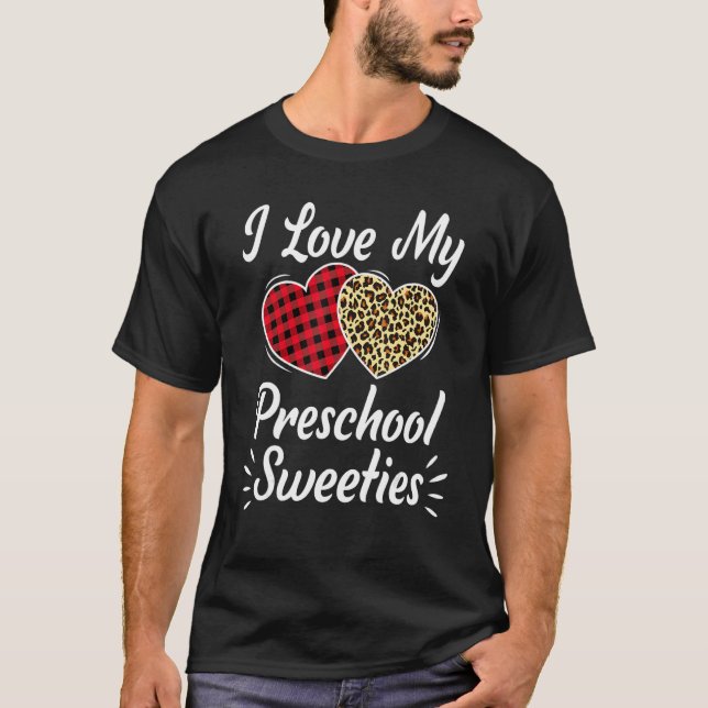 Love My Preschool Hearts Leopard Plaid Teacher Val T-Shirt (Front)