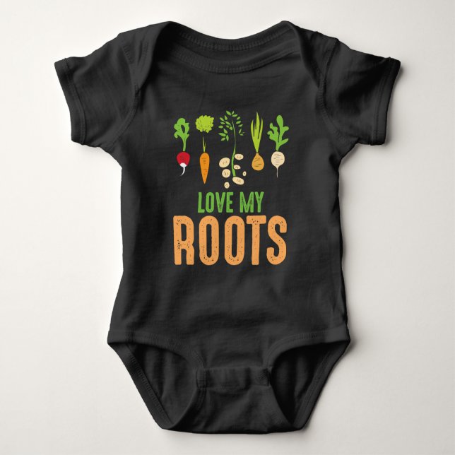 Love my Roots Vegetables Gardener Funny Gardening Baby Bodysuit (Front)