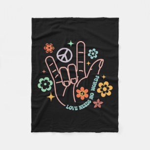 Love Needs No Words Retro Hand Sign Groovy Autism Fleece Blanket