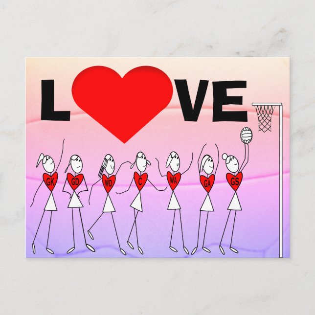Love Netball Positions Stick Figures and Heart Postcard (Front)