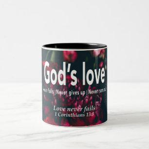 LOVE NEVER FAILS   1 Cor 13:8   Personalised Two-Tone Coffee Mug
