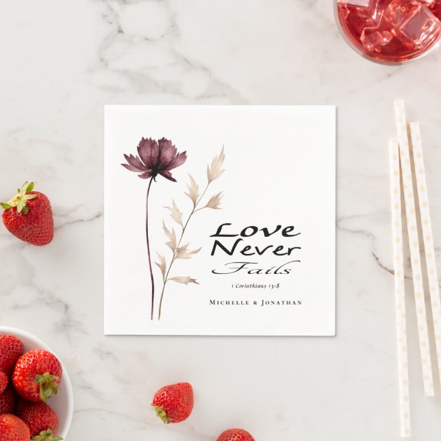 Love Never Fails Bible Burgundy Flower Wedding Napkin (Insitu)