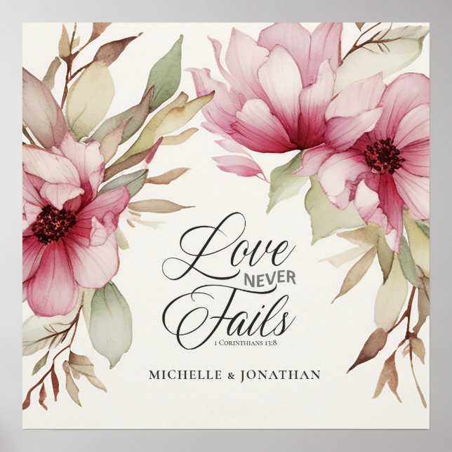Love Never Fails Bible Verse Pink Floral Wedding  Poster (Front)