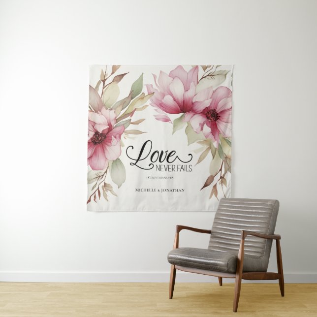 Love Never Fails Bible Verse Pink Floral Wedding Tapestry (In Situ)