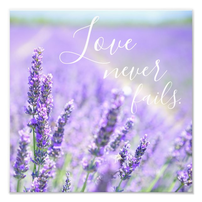 Love Never Fails Bible Verse Quote Lavender Flower Photo Print (Front)