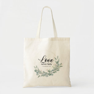 LOVE NEVER FAILS, BIBLE VERSE TOTE BAG