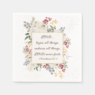Love Never Fails Bible Verse Winter White Roses Napkin