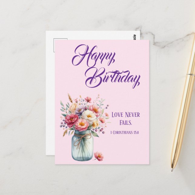 Love Never Fails Christian Birthday Greetings Postcard (Front/Back In Situ)