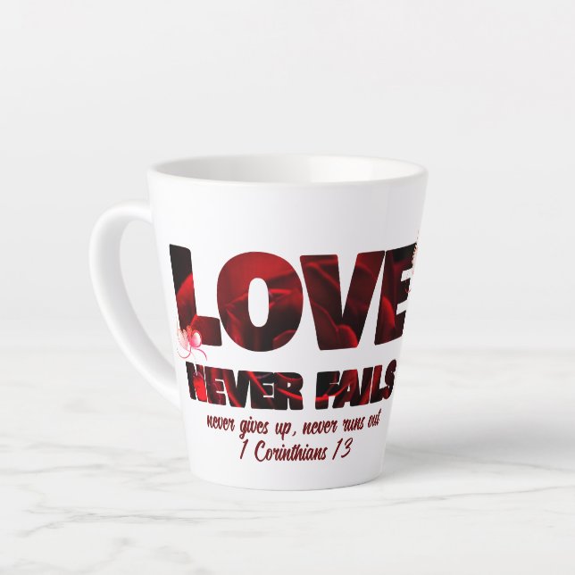 LOVE NEVER FAILS Christian Photo Latte Mug (Left Angle)