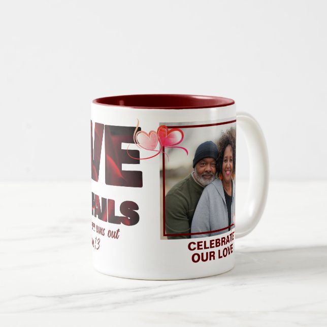 LOVE NEVER FAILS Christian Photo Two-Tone Coffee Mug (Front Right)