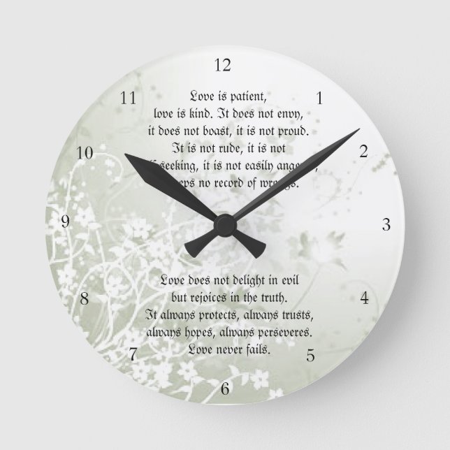 Love Never Fails Christian Scripture White Floral Round Clock (Front)