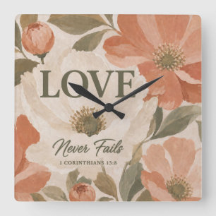 LOVE NEVER FAILS Christian Wedding Gift Square Wall Clock
