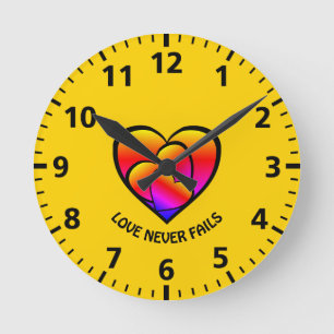LOVE NEVER FAILS Custom Colourful Hearts Round Clock
