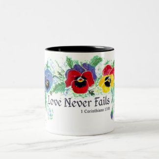 Love Never Fails (pansies) Two-Tone Coffee Mug