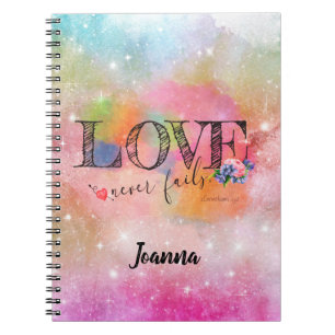 Love Never Fails pastel scripture   Notebook
