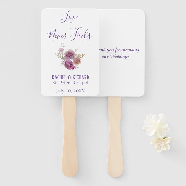Love Never Fails Watercolor themed Wedding Hand Fan (Front and Back)