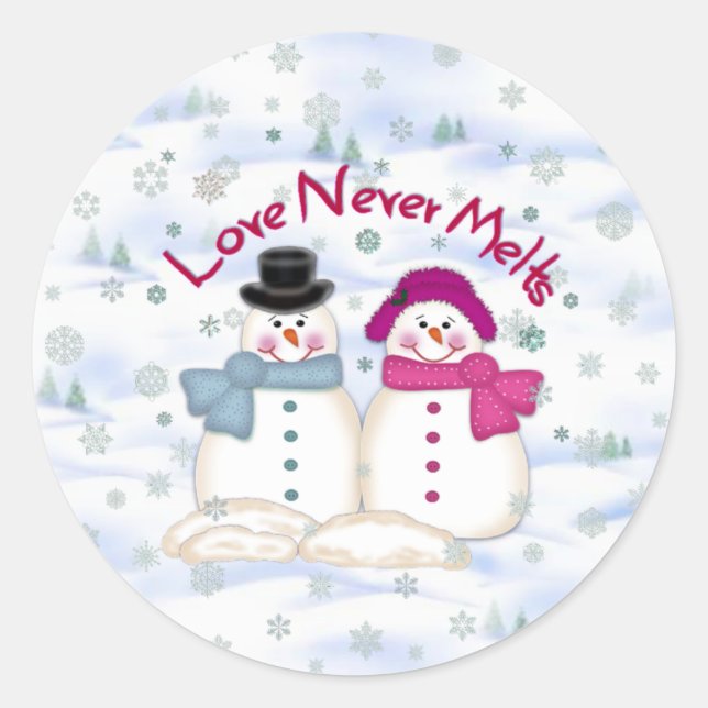 Love Never Melts Snowman Couple Glossy Stickers (Front)