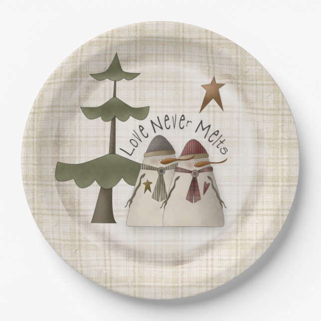 Love Never Melts Snowman Couple Plaid Paper Plate (Front)