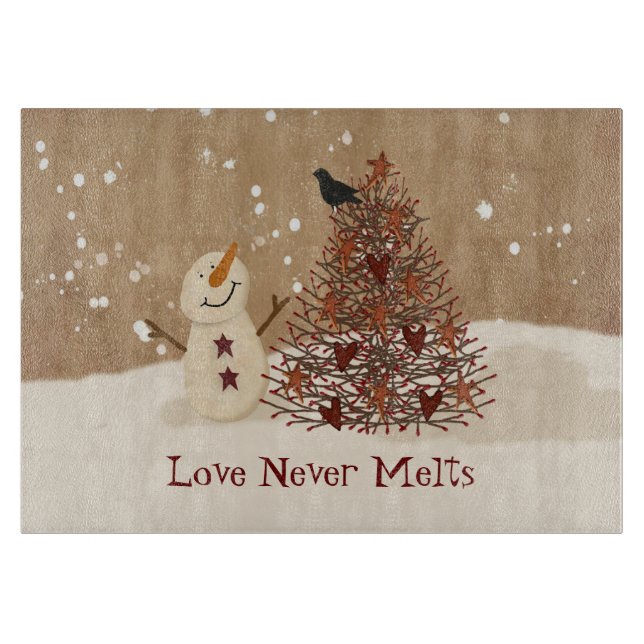 Love Never Melts Snowman Glass Cutting Board (Front)