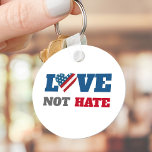 Love Not Hate Bold Rustic USA Flag Heart on White Key Ring<br><div class="desc">“Love not hate”. Stand proud and let the world know how good this country is and can be with this thoughtful, striking, graphic, patriotic keychain. A heart filled with a rustic, vintage, bold, red, white and blue wood stripes and stars American flag plus strong navy blue, grey and red typography...</div>