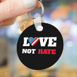 Love Not Hate Bold Type USA Flag Heart Black Key Ring<br><div class="desc">“Love not hate”. Stand proud and let the world know how good this country is and can be with this thoughtful, striking, graphic, patriotic keychain. A heart filled with a rustic, vintage, bold, red, white and blue wood stripes and stars American flag plus strong white and red typography on a...</div>
