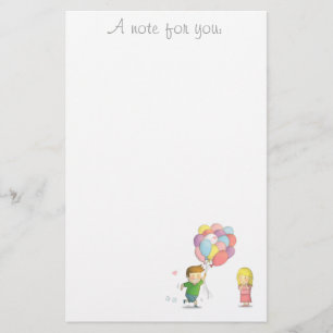 Love Note Boy Runs to Girl with Balloons Stationery