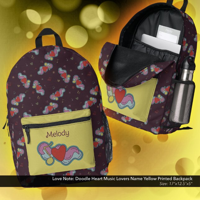 Love Note: Doodle Heart Music Lovers Name Yellow Printed Backpack (Love Note Doodle Design Backpack: Personalized with Owner's Name - Yellow Accent Color)