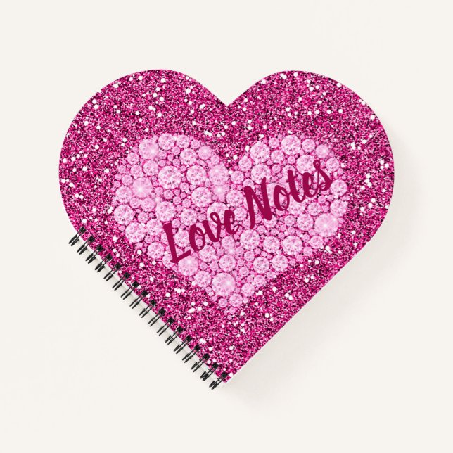 Love Notes Pink Diamond Heart Faux Glitter Notebook (Front)