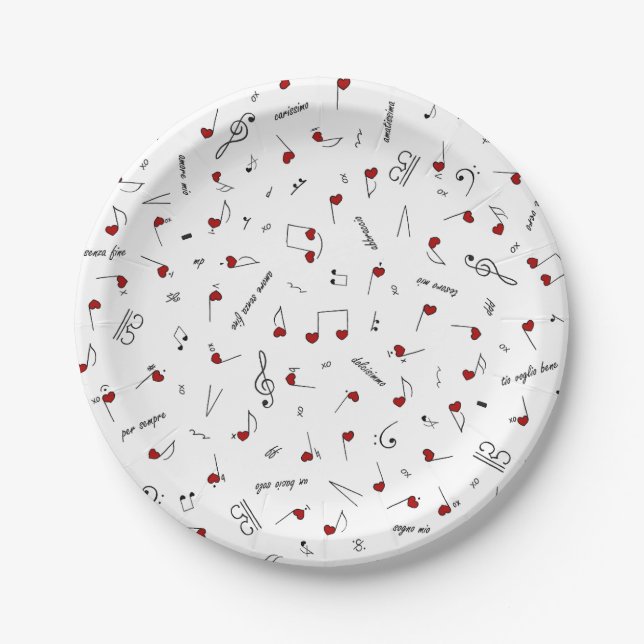 Love Notes Red Heart Music Notation Paper Plate (Front)