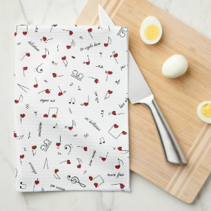 Love Notes Red Heart Music Notation Tea Towel