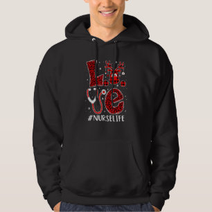 Love Nurse Life Reindeer Leopard Plaid Print Xmas Hoodie