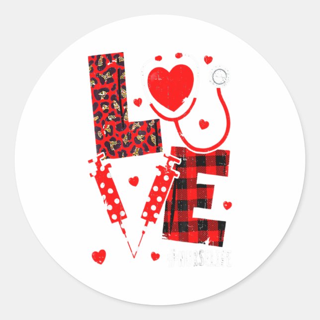 Love Nurse Life Valentine Day Leopard Plaid Red He Classic Round Sticker (Front)