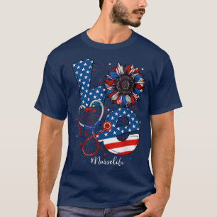 Love Nurse Sunflower USA Flag Stethoscope 4th Of J T-Shirt