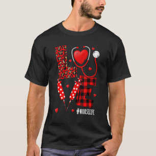 Love Nurselife Valentine Nurse Leopard Print Plaid T-Shirt