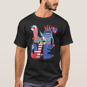 Love Nursing Life Stethoscope Fireworks Usa Flag 4 T-Shirt
