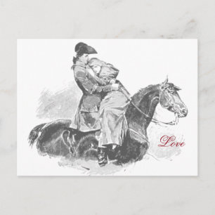 Love on Horse Black and White Postcard