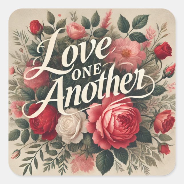 Love One Another Valentine Floral Roses Square Sticker (Front)