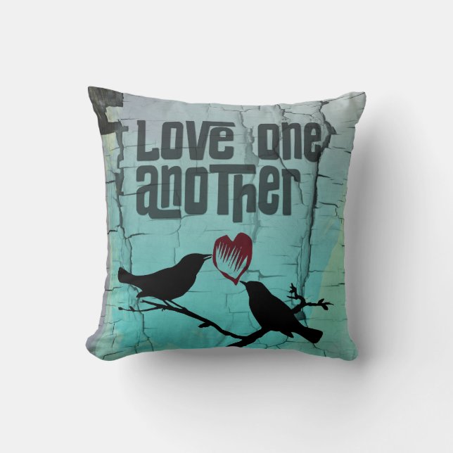 Love One Another Whimsical Turquoise Birds Cushion (Front)